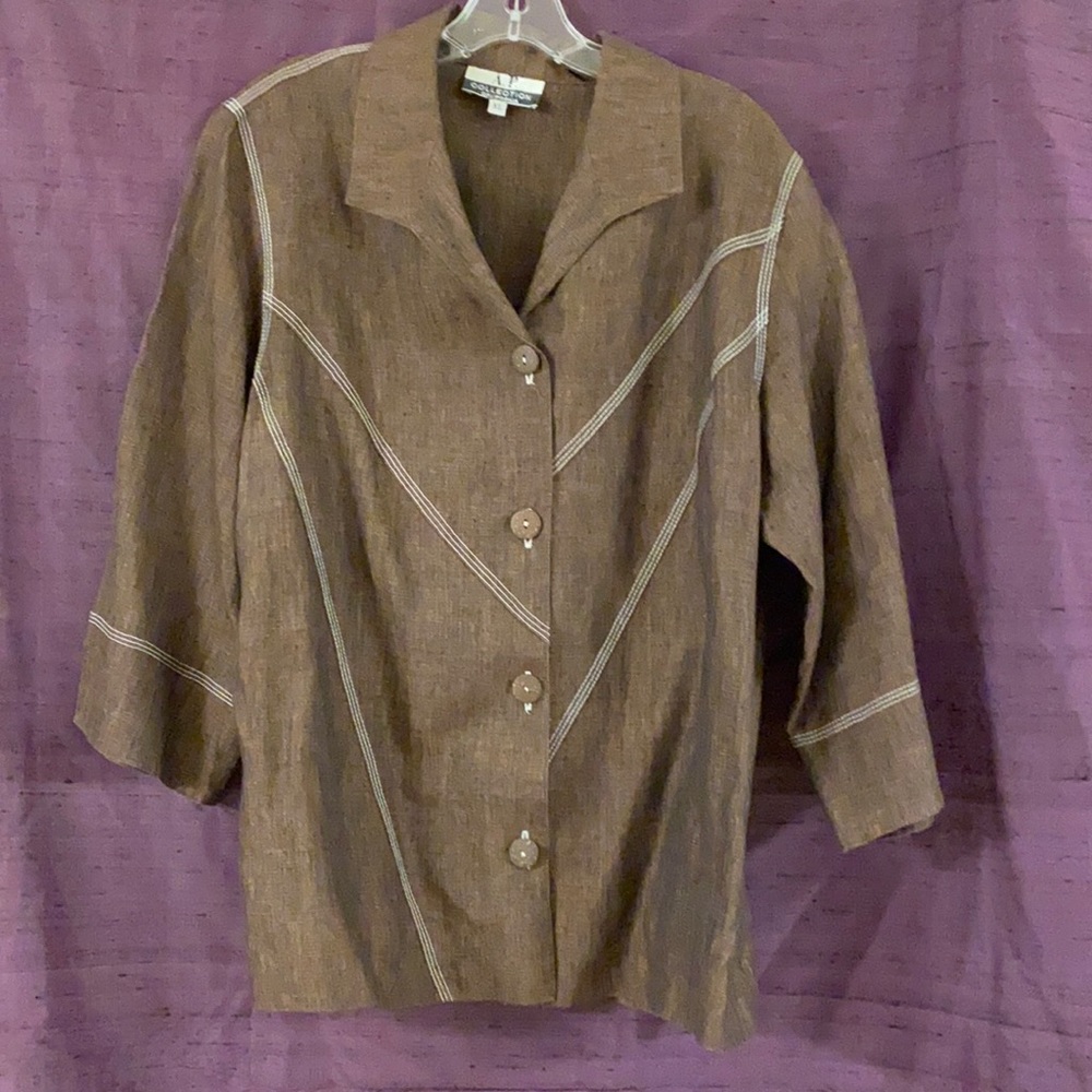 Brown Linen Jacket with Contrast Stitching